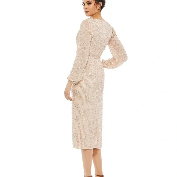 Mac Duggal 10764 NWT SEQUINED ILLUSION PUFF SLEEVE V NECK MIDI DRESS - Picture 2 of 6